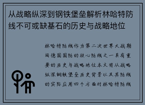 从战略纵深到钢铁堡垒解析林哈特防线不可或缺基石的历史与战略地位 从战略纵深到钢铁堡垒解析林哈特防线不可或缺基石的历史与战略地位