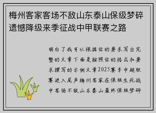 梅州客家客场不敌山东泰山保级梦碎遗憾降级来季征战中甲联赛之路 梅州客家客场不敌山东泰山保级梦碎遗憾降级来季征战中甲联赛之路